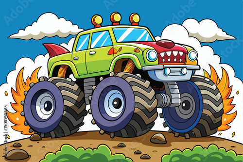 Cartoon Monster Truck with Flames and Clouds Illustration for Kids