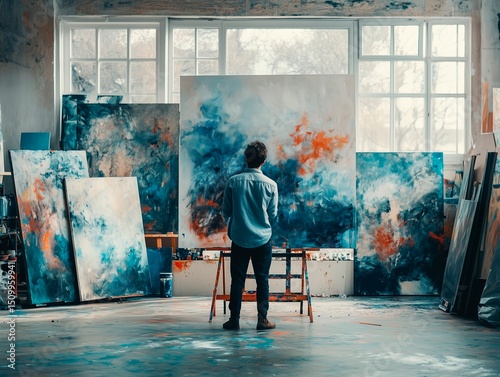 person joyfully painting in a bright art studio, canvases and paint splashes, creative chaos,