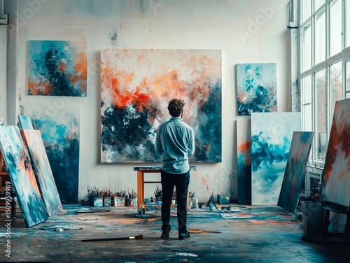 person joyfully painting in a bright art studio, canvases and paint splashes, creative chaos,