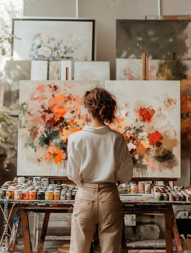 person joyfully painting in a bright art studio, canvases and paint splashes, creative chaos,