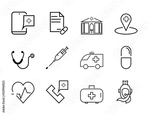 Medical care and healthcare icon set. Perfect for illustrating health services, apps, and facilities. Clean and modern design