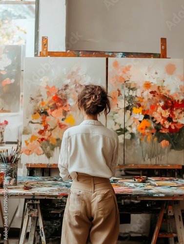 person joyfully painting in a bright art studio, canvases and paint splashes, creative chaos,