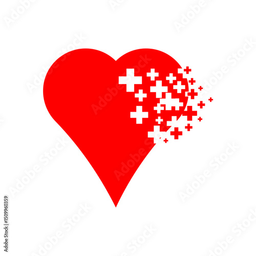 Broken heart with medical cross fragments, symbolizing heart health issues, loss, or recovery. Ideal for emotional and medical themes
