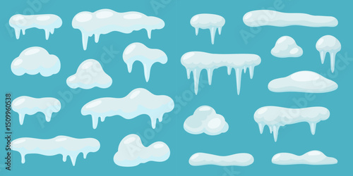 Set snow and Ice. Winter design with white and blue snow templates. Snowy frames and decorations on a blue background. Includes cartoon style and realistic snow caps, snowballs, snowdrifts.