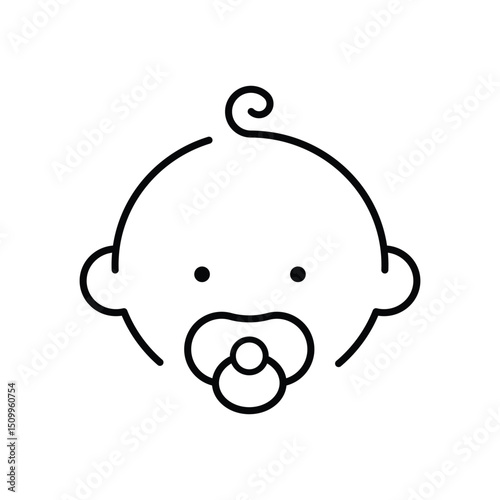 Baby line icon. Simple outline style. Infant face with pacifier and small curl. Ideal for childcare, newborn products, and parenting apps symbol. Universal sign of early childhood pictogram.
