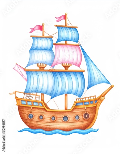 Colorful sailing ship with billowing sails.
