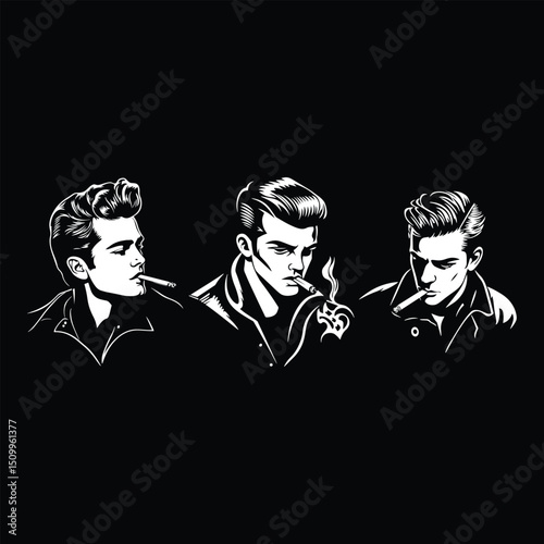 Retro Greaser Gang Smoking Vector Art. Vintage Rockabilly Men Illustration in Black and White for Tattoo, Poster, or Apparel Design