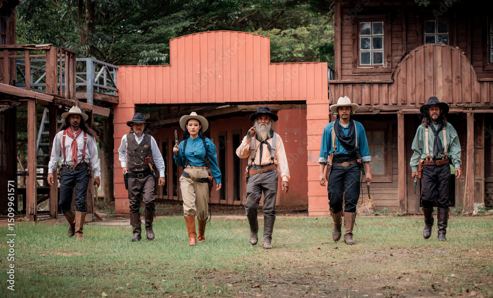 Φωτογραφία Group of cowboys and cowgirl wearing 19th-century American frontier cowboy hats, vests, boots, suspenders, and leather saloon-style architecture historical western aesthetics