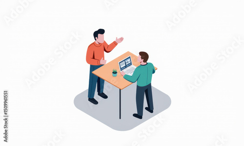 Businessmen Discussing Project on Laptop - Isometric illustrations