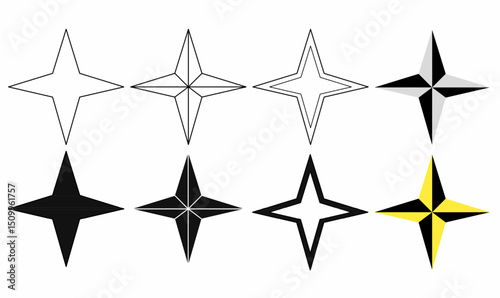 vector illustration line,outline,thin,silhouette of Four pointed star.black, white, grey,yellow variations, perfect for navigation, logo,symbol,decoration, branding, icons, and tattoo designs