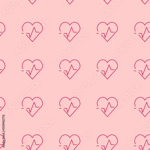 Seamless pattern of medical heartbeat lines within heart shapes, symbolizing cardiology, vital signs, and overall health. Perfect for medical backgrounds
