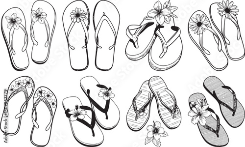 Flip Flops Vector Set – Hand Drawn Summer Sandals with Floral Designs


