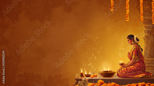 Varalakshmi Vratam, vertical banner design with orange to golden yellow gradient, home altar image decorated with marigold flowers and lamps