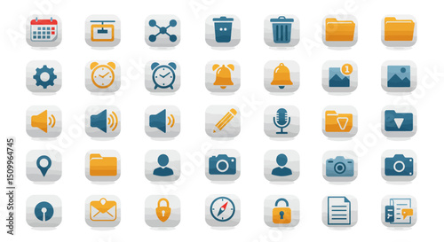 rounded square icons represent various common digital functions and objects