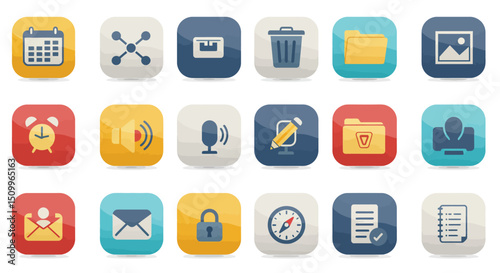 rounded square icons represent various common digital functions and objects