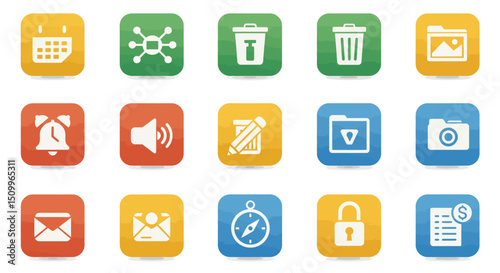 rounded square icons represent various common digital functions and objects