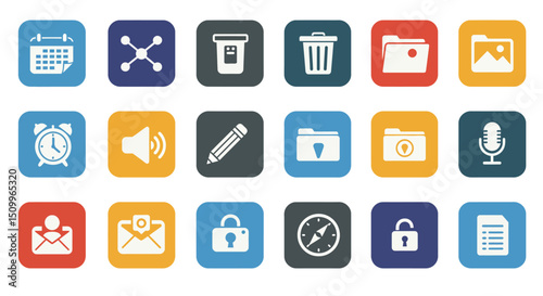 rounded square icons represent various common digital functions and objects