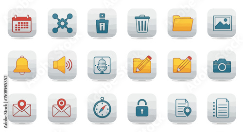 rounded square icons represent various common digital functions and objects