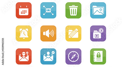 rounded square icons represent various common digital functions and objects