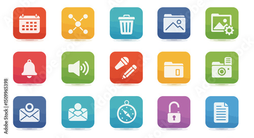 rounded square icons represent various common digital functions and objects