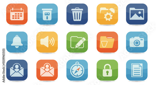 rounded square icons represent various common digital functions and objects