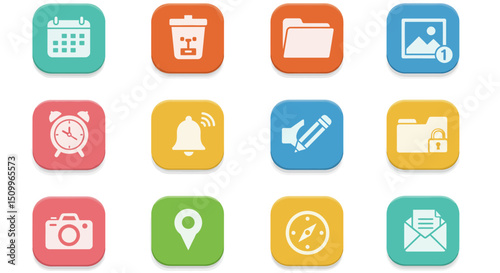 rounded square icons represent various common digital functions and objects