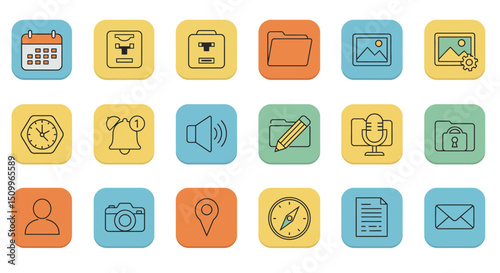rounded square icons represent various common digital functions and objects
