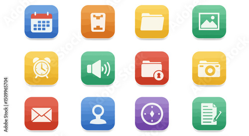 rounded square icons represent various common digital functions and objects