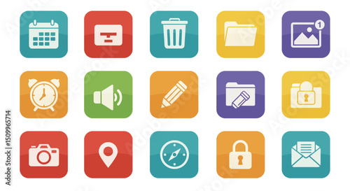 rounded square icons represent various common digital functions and objects