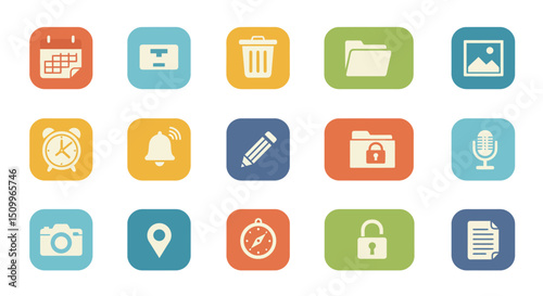 rounded square icons represent various common digital functions and objects