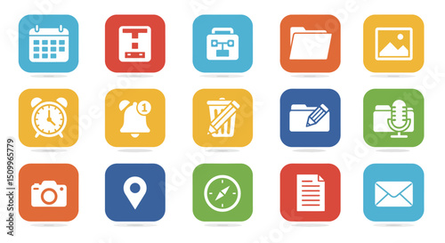 rounded square icons represent various common digital functions and objects