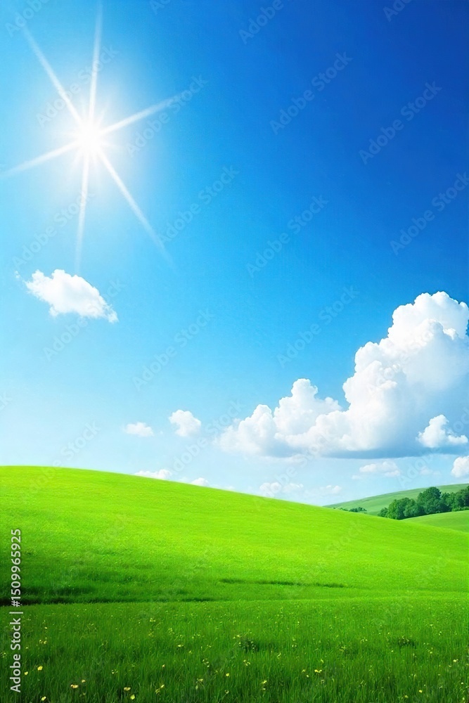 Obraz premium Azure sky, fluffy white clouds, sunlit landscape Perfect for summer, travel, or nature themes Ideal for backgrounds, websites, and print projects Serenity, peace, and idyllic scenery , vast, scenic