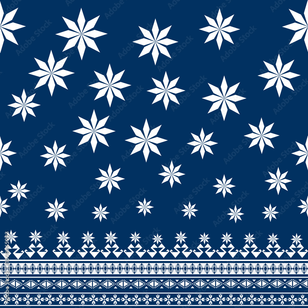 Hand-drawn vector fabric pattern in Nordic style, featuring geometric snowflake-like floral motifs in white on a deep blue background. Ideal for winter textile designs, fashion prints Hand-drawn vector fabric pattern in Nordic style, featuring geometric snowflake-like floral motifs in white on a deep blue background. Ideal for winter textile designs, fashion prints
