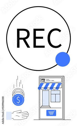 Circular recording icon, coin stack moving toward hand, digital storefront with blue accents. Ideal for e-commerce, saving, finance, digital marketing, retail technology, business simple landing