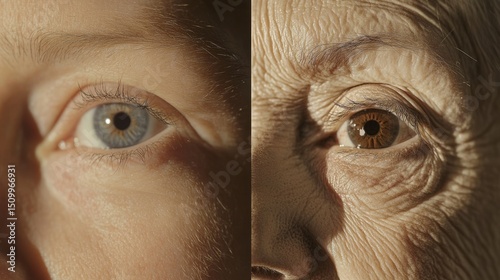 Close-up showing eye differences between young and elderly women, focusing on wrinkles and texture.