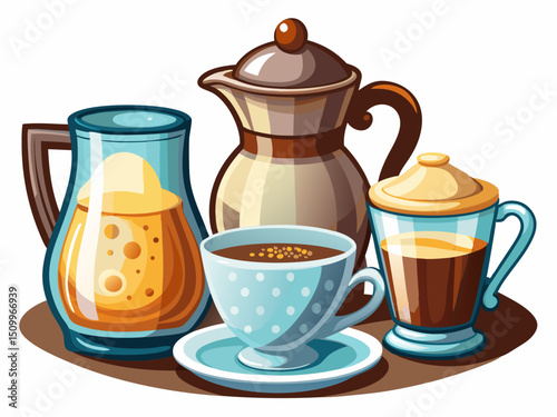 A vector of a set including a sugar bowl, milk jug, and elegant coffee glass, isolated on white background