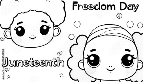 Two Adorable Cartoon Faces with Curly Hair Celebrating Juneteenth Freedom Day Coloring Page