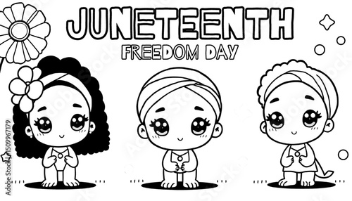 Three Charming Cartoon Characters with Headwraps Celebrating Juneteenth Freedom Day Coloring Page