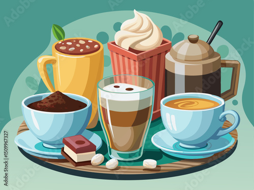 A clean vector of coffee accompaniments – sugar, milk, and cup – arranged neatly on a solid marble background