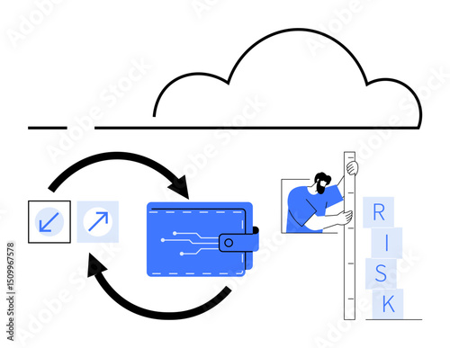 Digital wallet with circuit pattern, arrows suggesting exchange, cloud symbol, man assessing risk levels on stacked blocks. Ideal for finance, risk analysis, technology, digital transactions