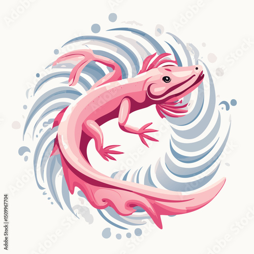Axolotl in a Whimsical Scene with Vibrant Swirl Motions All Around.