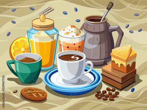 A clean vector of coffee accompaniments – sugar, milk, and cup – arranged neatly on a solid marble background