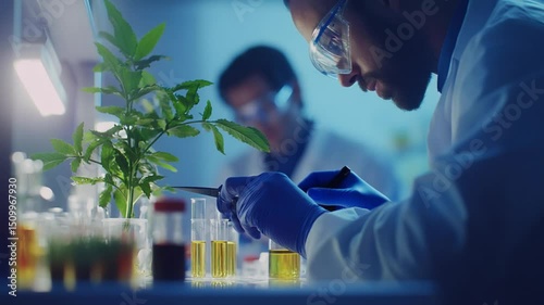 Scientist analyzing plant specimen and extracting cannabis extract in laboratory