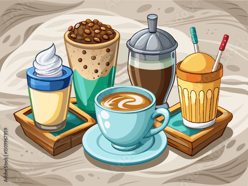 A clean vector of coffee accompaniments – sugar, milk, and cup – arranged neatly on a solid marble background