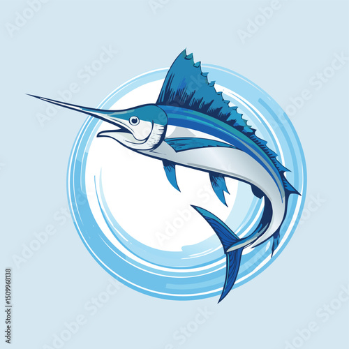 Blue Marlin in a Whimsical Scene with Vibrant Swirl Motions All Around.