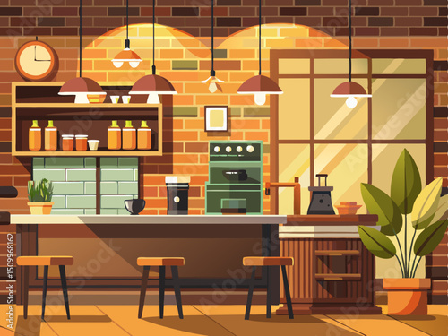 A warm vector illustration of a coffee shop interior with ambient lighting, brick wall, and counter, on a soft brown background