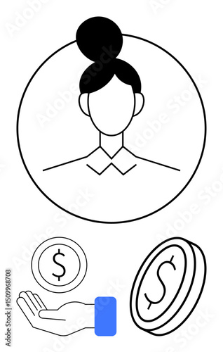 Minimalist female profile enclosed in circle alongside hand holding coin and large coin icon. Ideal for finance, savings, investment, donations, user identity, payment, budgeting, simple landing page