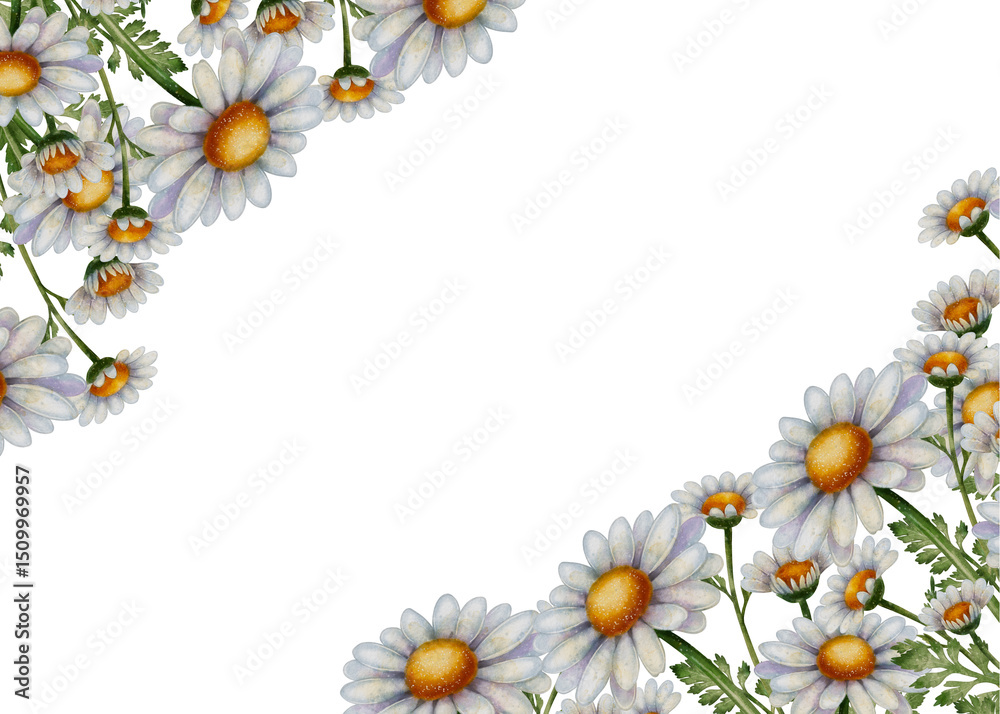 Obraz premium Chamomile flower frame, drawing in watercolor style. Beautiful rectangular floral border with white daisies. Ideal for greeting cards, labels, wedding invitations, banners, and posters