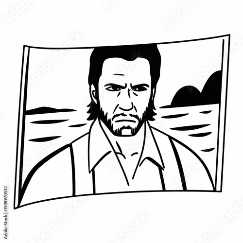 Black and white sketch vector portrait of an angry old man with a beard