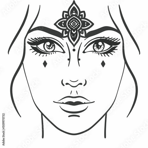 Vector art sketch of a fashionable woman's face with elegant eyes, lips, and flowing hair, illustrating her stylish design and beautiful silhouette